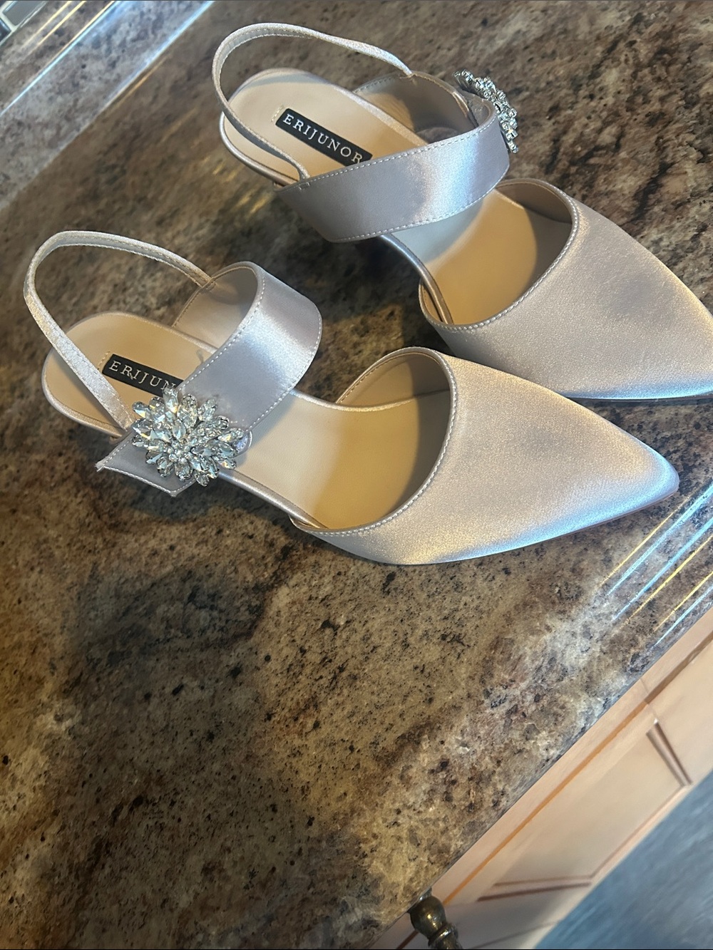 NEST Fragrances Silver Satin Pointed Toe Slingback Heels with Crystal Brooch